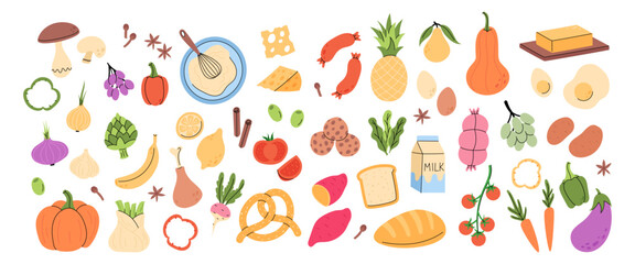 Food ingredient. Grocery products. Meal cooking. Flat kitchen onion and pumpkin. Fresh fruit. Squash bread. Dough mixing. Cut radish and pepper. Lettuce bundle. Vector garish culinary elements set