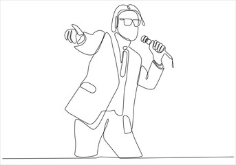 The entertainer. elegant talking man holding microphone- continuous line drawing