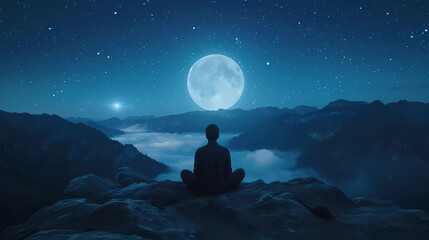 Silhouette behind of man meditation in sitting position on mountain rock with big moon and night sky background.