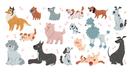 Dog icon. Line funny pets different breed. Pattern or poster, set sketch doodle style animals, cute cartoon print characters, art happy, action decoration. Vector tidy flat isolated illustration