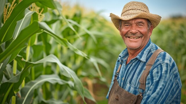 An image of a farmer grinning, taken in full view with a corn field in the backdrop.