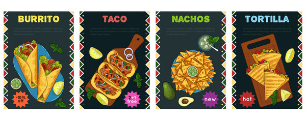 Mexican food poster. Street meal. Hot tacos. Nachos sale. Burrito and tortilla. Soda glass. Typography party flyer design. Sketch label. Drawing color texture. Invitation event. Vector banners set