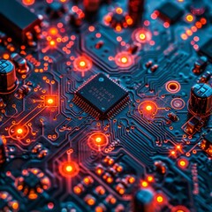 Electronic circuit board close-up with microchips and electronic components. AI.
