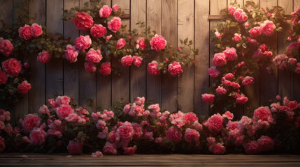 Fototapeta na wymiar pink flowers in a garden against wooden background 