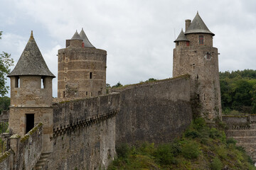 Fototapeta na wymiar stonework of an aged medieval castle, the Chateau de Fougeres, France