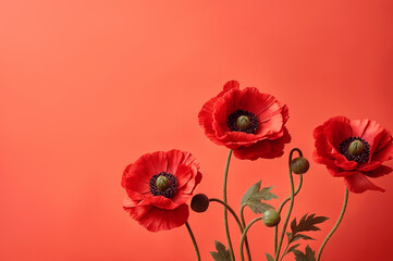 Obraz premium Flowers red poppy, buds, green leaves on a peach background with space for text. Photorealistic background with place for text. Template for design, print, banner, flyer, wallpaper.