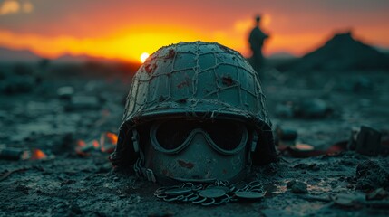 Soldier's Helmet and Dog Tag with Military Base and Personnel in the Background Generative AI - obrazy, fototapety, plakaty