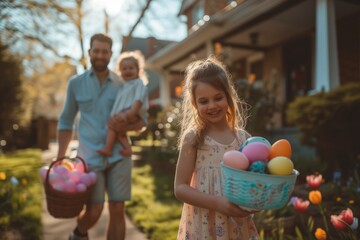 Happy Easter holiday. Family with kids celebrates Easter Day