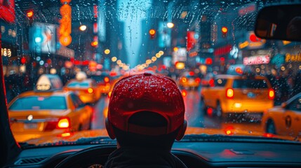 Urban Taxi Driver Focused on the Road with Cityscape and Traffic in the Background Generative AI - obrazy, fototapety, plakaty