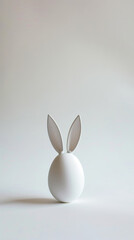 Aesthetic white Easter egg with bunny ears. White background. Creative stylish greeting card. Copy space. Generative AI