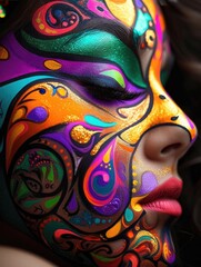 Creative female face painting by a real makeup artist. Using bright colors on a beautiful woman. Make-up Generative AI