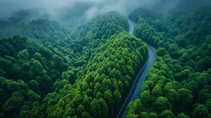 Fotobehang The scenic road winding through lush green mountains with a river, trees, and clear blue skies, perfect for summer tourism in the stunning natural landscape of China © ภูริพัฒน์ ภิรมย์กิจ