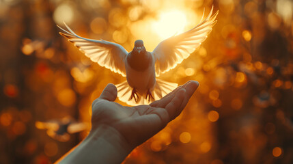 A dove is flying down and perching on the palm of  hand. symbolizing peace and freedom in a serene blue sky, with elegant wings outstretched in a beautiful illustration of nature's tranquility