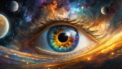 colorful eye in universe with galaxies and planets