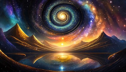colorful spiral with galaxies in background, sunlight and mountains in background