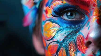 Creative female face painting by a real makeup artist. Using bright colors on a beautiful woman. Make-up Generative AI