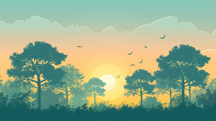 The Sun Setting Behind Silhouetted Trees and flying bird - AI Generated Abstract Art