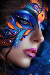 Naklejka premium Creative female face painting by a real makeup artist. Using bright colors on a beautiful woman. Make-up Generative AI