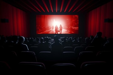 Movie theater with empty big screen and audience in crimson seats, hazy figures viewing film show.