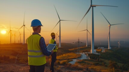 Engineer holding digital tablet inspecting wind turbines