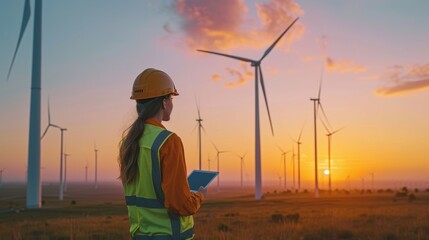 Engineer holding digital tablet inspecting wind turbines