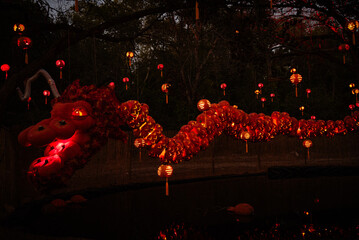 Fototapeta na wymiar Chinese dragon with hanging lanterns in trees for Halloween