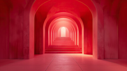 Arch hallway corridor and staircase abstract red background minimal conceptual, architectural background for advertising products, presentations - AI Generated Abstract Art