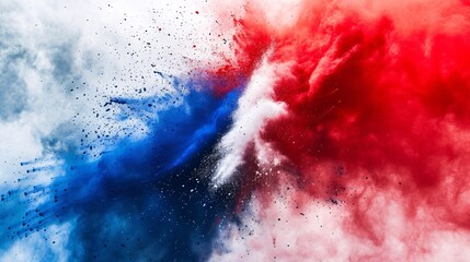 Vibrant Tricolore flag bursts with blue, white, and red holi powder on a white background, representing France's lively spirit and love for soccer.
