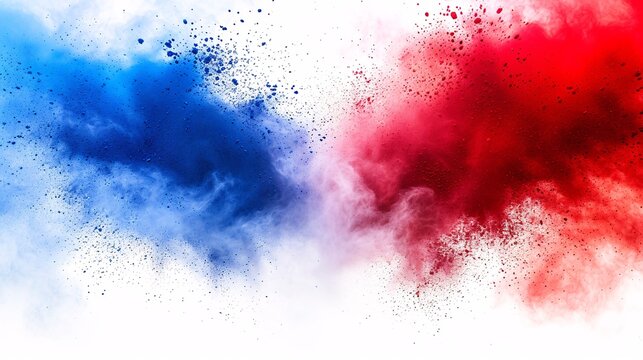 Vibrant tricolor French flag explosion with blue, white, and red holi paint on a white background representing France and its culture.