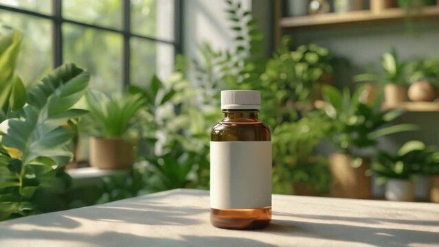 Supplement bottle with blank label. Plastic container for pills. White mockup vitamins jar. Plants background. Medicine product package. Drugs can clean mock up design. Empty template.