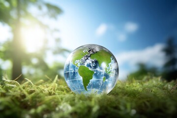 Obraz na płótnie Canvas Crystal transparent planet Earth with green continents on moss in the rays of the rising sun, The concept of environmental protection, Decarbonization. AI generated
