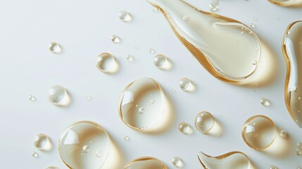 Serum or gel droplets on a white backdrop. Skincare cosmetic item.