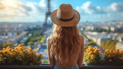 Woman traveler admiring urban scenery in a Parisian road.