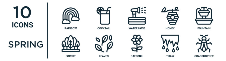 spring outline icon set such as thin line rainbow, water hose, fountain, leaves, thaw, grasshopper, forest icons for report, presentation, diagram, web design - obrazy, fototapety, plakaty