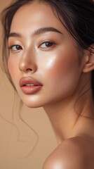 Fototapeta premium Close-up portrait of a young Asian woman showcasing natural makeup and a subtle smile on a beige background.