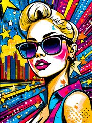 Colourful PopArt illustration of a girl wearing sunglasses