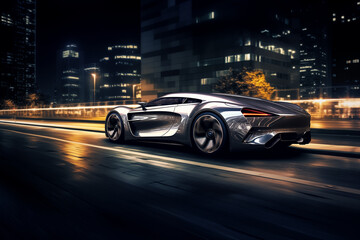 An expensive luxury car rushes at high speed through the streets of the city