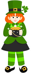 Red-haired girl in St. Patrick day costume with a gold coin pot