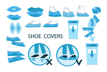 Shoe covers icon set. Protective foot  medical covers. Medical footwear icon collection. Shoe clean set vector doodle line art flat cartoon illustration.