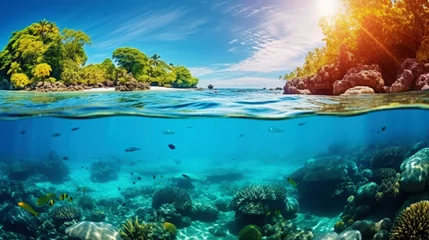 Foto op Plexiglas Underwater view of a colorful sea coral reef with fishes. Ocean ecosystem. Generative AI © AngrySun