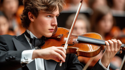 Intense young musician playing violin with orchestra in background.