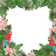 Template frame of tropical leaves, flowers, macaw parrot on a white background. Vector summer banner for your design, cards, restaurant menus.