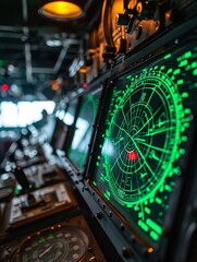 The captain's bridge of a contemporary vessel shows a radar screen with a green display.