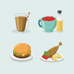 Set of food dish and beverages