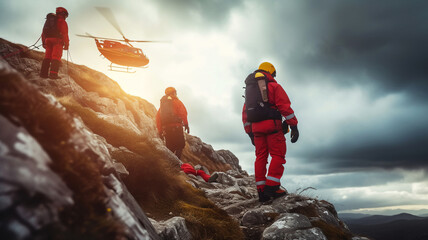 Mountain rescue team in rescue operation .Searching for missing person ,help injured people .