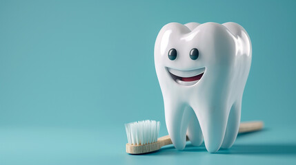 Fototapeta na wymiar cute smiling cartoon tooth with toothbrush. Stomatology, dental concept.