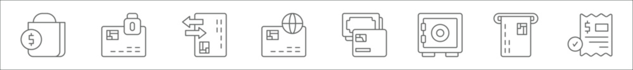 outline set of payment and transaction line icons. linear vector icons such as shopping, secure payment, transaction, internet banking, payment, safe box, credit cards, bill - obrazy, fototapety, plakaty