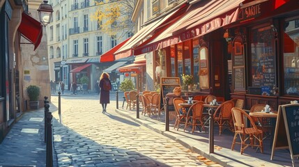 Morning in Paris, with a classic French cafe and a lady strolling along the street.