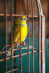 A cute bright yellow canary bird in its cage. Generative AI