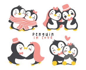 Loveable Valenntine penguin couple in lover hand drawn cartoon element set, Cheerful animal character.